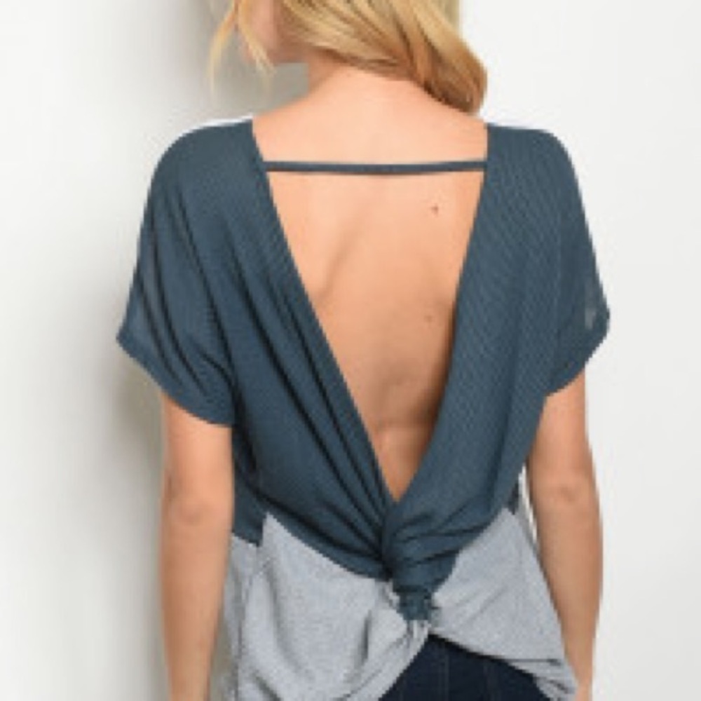 Navy/Gray/White Color Block Top With Open Back